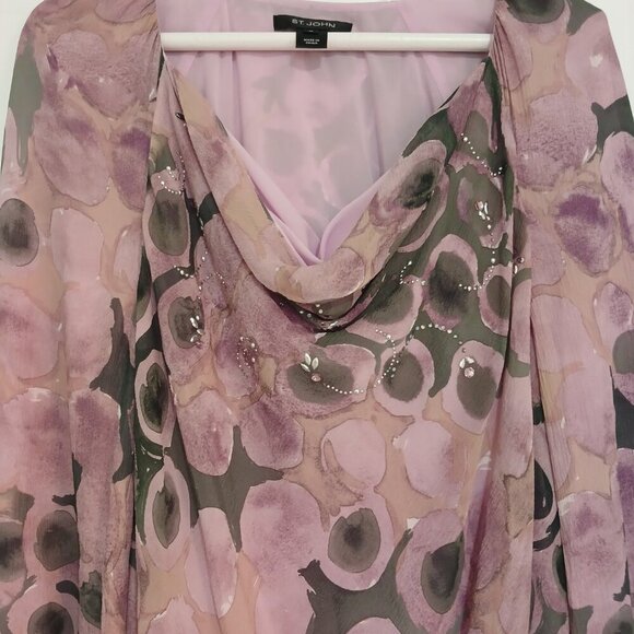 ST JOHN Silk Crepe Watercolor Mauve Circle Jeweled Rhinestone Blouse Top - Picture 3 of 4